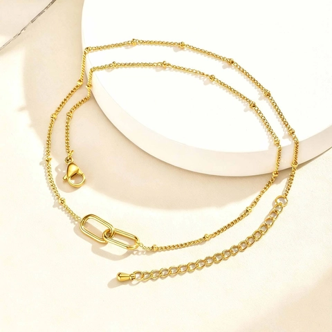 Minimalistische Edelstahl Halskette Für Damen Ineinandergreifende Doppel Oval Ring Anhänger Satelliten Perlenkette Goldton Schmuck