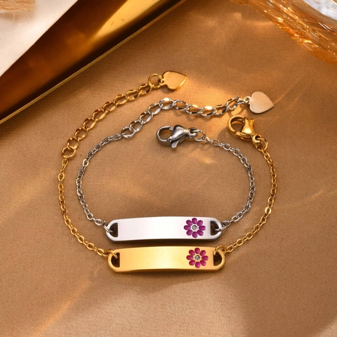 Edelstahl Kinder ID Armband Mit Emaille Blume Strass Verstellbare Feine Kette Herzanhänger Gold Silber Schmuck