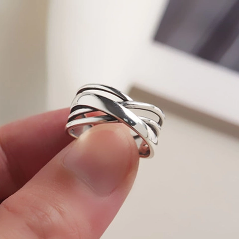 Anillo de Plata de Ley 925 con Línea de Devanado Irregular Estilo Retro Vintage Anillo Abierto Ajustable Joyería Minimalista Mujer