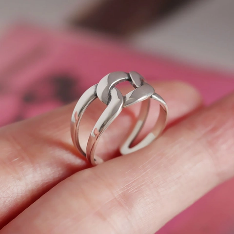 Anello Aperto Geometrico in Argento Sterling 925 da Donna Minimalista Doppia Catena Tessuta Invecchiato Retrò Anello Regolabile Gioielli di Moda