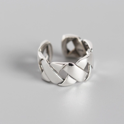 Retro S925 Sterlingsilber Gewebtes Breites Offenes Ring Einstellbarer Geometrischer Geflochtener Kettenfingerring Für Damen Herren Schmuck