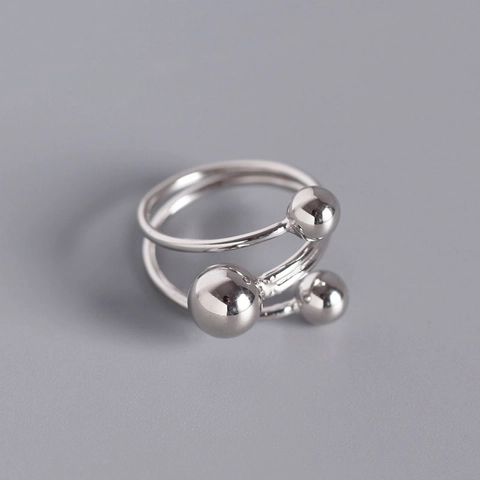 925 Sterling Silver Minimalist Geometric Open Adjustable Ring For Women Three Round Beads Electroplated Fashion Jewelry