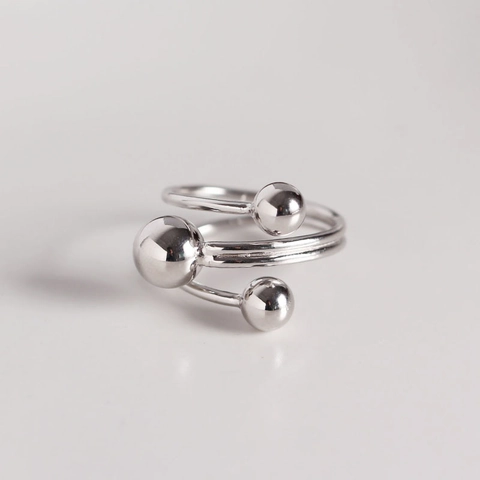 925 Sterling Silver Minimalist Geometric Open Adjustable Ring For Women Three Round Beads Electroplated Fashion Jewelry