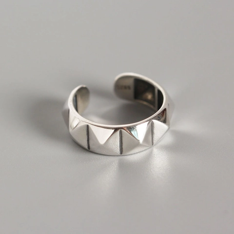 S925 Sterling Zilver Piramide Stud Open Ring Minimalistisch Punk Stijl Geometrisch Verstelbaar Vintage Zilver Sieraden