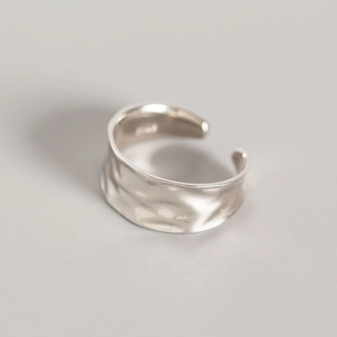 Anello Aperto a Superficie Larga Martellata Irregolare in Argento Sterling 925 Per Donna Anello da Dito alla Moda Regolabile Minimalista