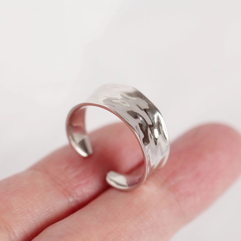 Anello Aperto a Superficie Larga Martellata Irregolare in Argento Sterling 925 Per Donna Anello da Dito alla Moda Regolabile Minimalista