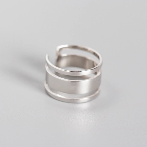 Koreanischer Stil S925 Sterlingsilber Mehrschichtiger Glatter Linien Offener Ring Für Damen Minimalist Verstellbar Geometrischer Ring