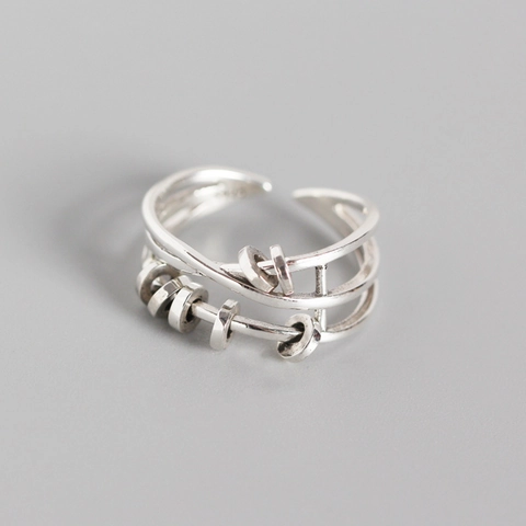 Anello Fidget in Argento Sterling 925 Multistrato Con Perline Mobili Anello Aperto Regolabile Gioielli Vintage per Donna