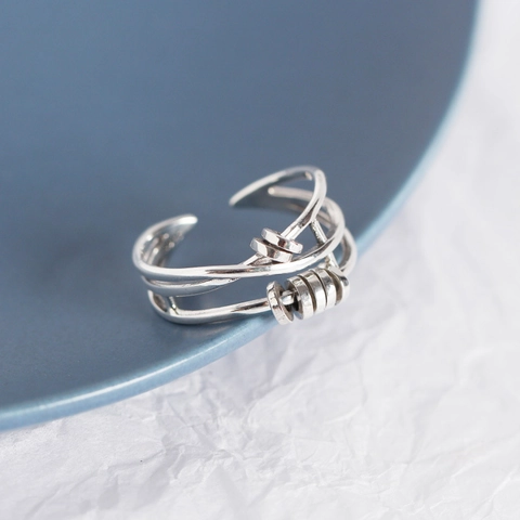 Anello Fidget in Argento Sterling 925 Multistrato Con Perline Mobili Anello Aperto Regolabile Gioielli Vintage per Donna