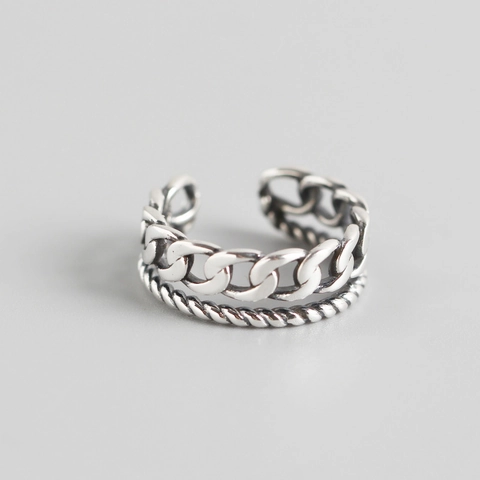 925 Sterlingsilber Offener Verstellbarer Ring Für Damen Retro Oxidiert Doppellagige Kubanische Kette Gedrehter Seil Ring Schmuck
