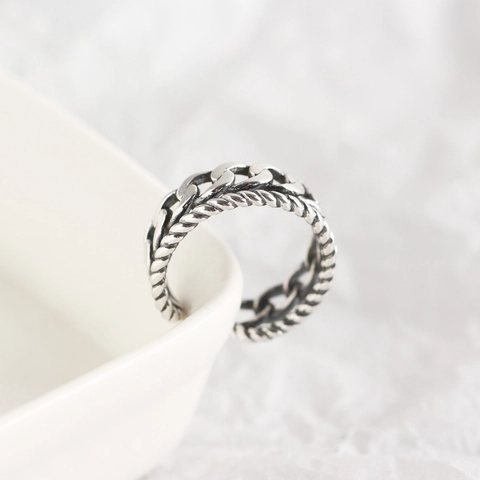925 Sterlingsilber Offener Verstellbarer Ring Für Damen Retro Oxidiert Doppellagige Kubanische Kette Gedrehter Seil Ring Schmuck