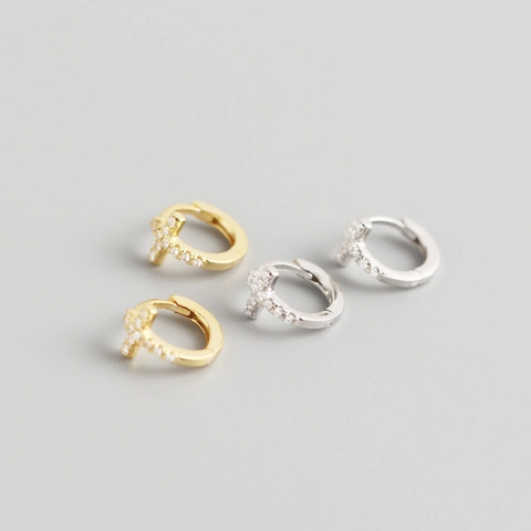 925 Argento Sterling Croce Huggie Orecchini a Cerchio Per Donna Minimalista Geometrico Strass Croce Orecchini Pendenti Gioielli