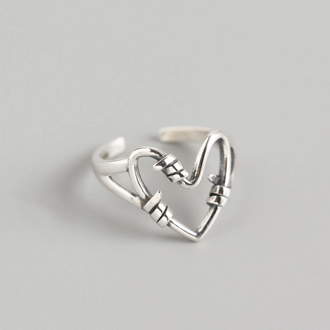 Anello a Cuore in Argento Sterling 925 Vintage per Donna Anello Aperto Regolabile Avvolto a Filo Fatto a Mano Anello da Dito a Cuore Ossidato Punk Regalo