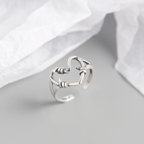 Anello a Cuore in Argento Sterling 925 Vintage per Donna Anello Aperto Regolabile Avvolto a Filo Fatto a Mano Anello da Dito a Cuore Ossidato Punk Regalo
