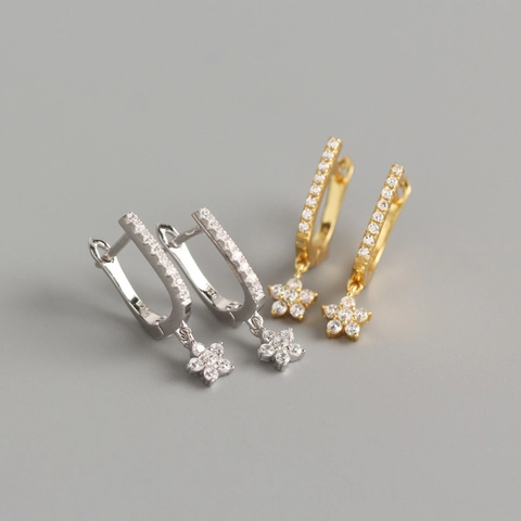 S925 Sterling Silver U-Shape Hoop Earrings Star Flower Pendant Rhinestone Inlaid Minimalist Jewelry For Women Commuting