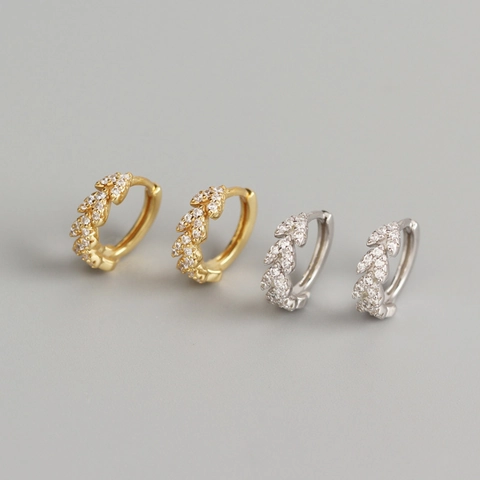 925 Sterling Silver Leaf Hoop Earrings For Women Luxury Rhinestone Pave Small Huggie Earring Post Gold Silver Elegant Jewelry