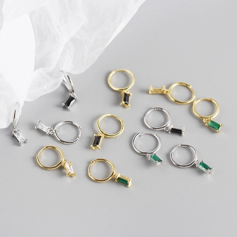 925 Sterling Silver Rectangular Zirconia Hoop Stud Earrings For Women Minimalist Gold Silver Plated Geometric Daily Jewelry