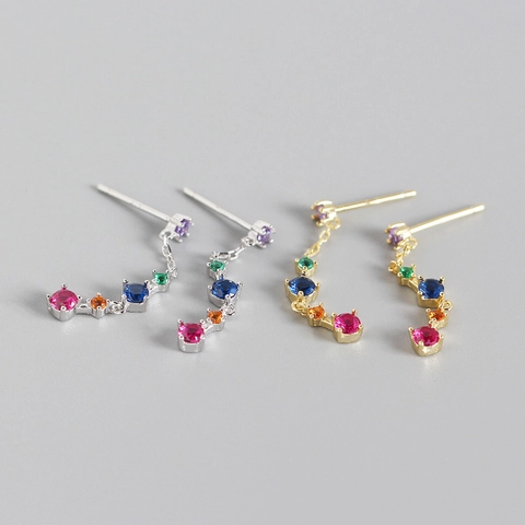 Orecchini a Bottone in Argento Sterling S925 Con Nappina in Zirconia Colorata per Donna Gioielli di Lusso Arcobaleno Tondo