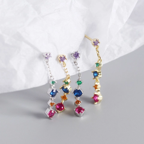 Orecchini a Bottone in Argento Sterling S925 Con Nappina in Zirconia Colorata per Donna Gioielli di Lusso Arcobaleno Tondo