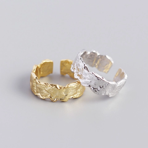 S925 Sterling Silver Irregular Foil Texture Open Ring For Women Minimalist Adjustable Hammered Pattern Fashion Jewelry