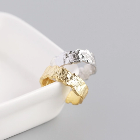 S925 Sterling Silver Irregular Foil Texture Open Ring For Women Minimalist Adjustable Hammered Pattern Fashion Jewelry