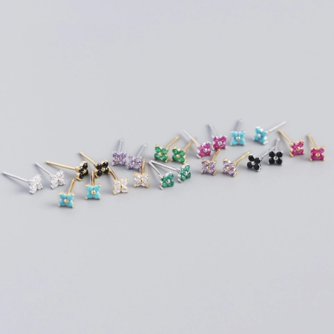 S925 Sterling Silver Flower Stud Earrings For Women Simple Sweet Four Leaf Clover Colorful Rhinestone Inlaid Ear Jewelry