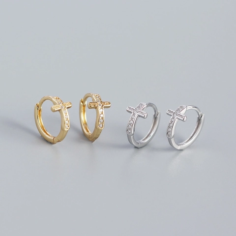 Orecchini Huggie a Croce in Argento Sterling 925 Orecchini a Cerchio Piccoli in Strass Pavé per Gioielli Quotidiani Donna