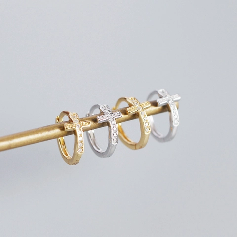 Orecchini Huggie a Croce in Argento Sterling 925 Orecchini a Cerchio Piccoli in Strass Pavé per Gioielli Quotidiani Donna