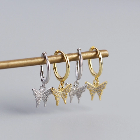 Orecchini a Cerchio con Pendente a Farfalla in Argento Sterling 925 Eleganti Orecchini a Goccia Intarsiati con Strass per Gioielli da Donna