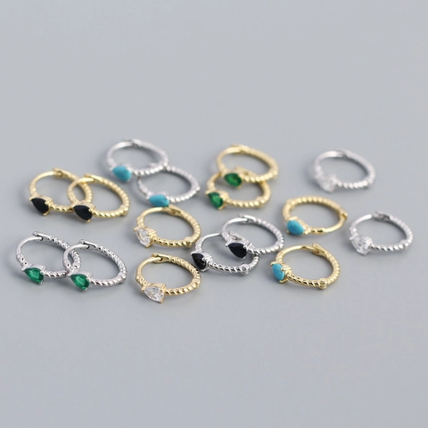 925 Sterling Silver Hoop Earrings For Women Minimalist Twist Rope Texture Water Drop Rhinestone Inlaid Huggie Earrings Jewelry