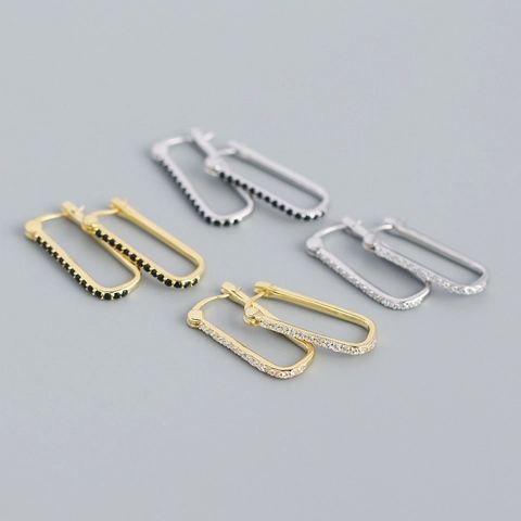 Pendientes de Aro de Plata de Ley 925 Geométricos Rectangulares con Diamantes de Imitación para Mujer Joyería Galvanizada de Moda Minimalista