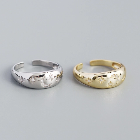 Anello Aperto in Argento Sterling 925 Vintage con Stella e Luna Strass per Donna Stella a Otto Punte Geometrica Regolabile Gioielli da Dito alla Moda