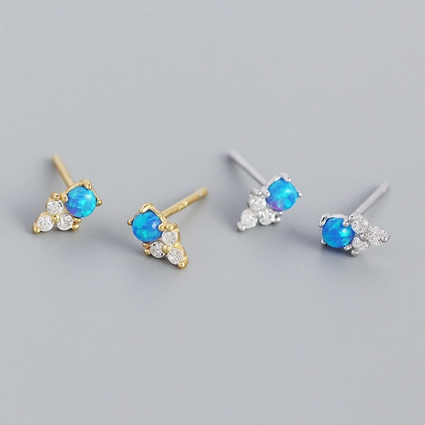 Boucles d'Oreilles Clous en Argent Sterling S925 Opale Bleue Minimaliste Grappe de Strass Rondes Incrustées pour Femme Bijoux