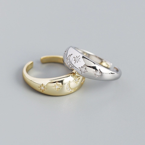 Anello Aperto in Argento Sterling 925 Vintage con Stella e Luna Strass per Donna Stella a Otto Punte Geometrica Regolabile Gioielli da Dito alla Moda