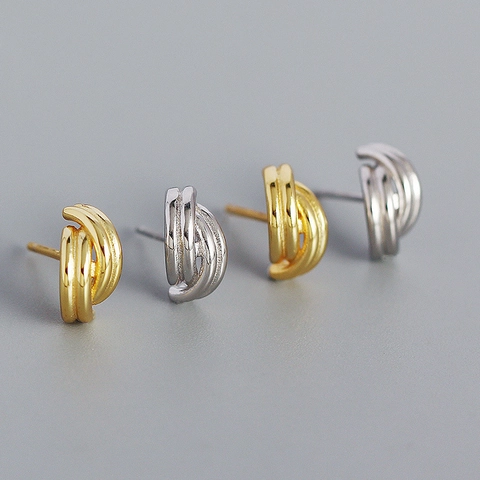 Orecchini a Bottone S925 Argento Sterling Geometrici a Più Strati Intrecciati Gioielli Minimalisti Galvanizzati Platino Oro per Donna