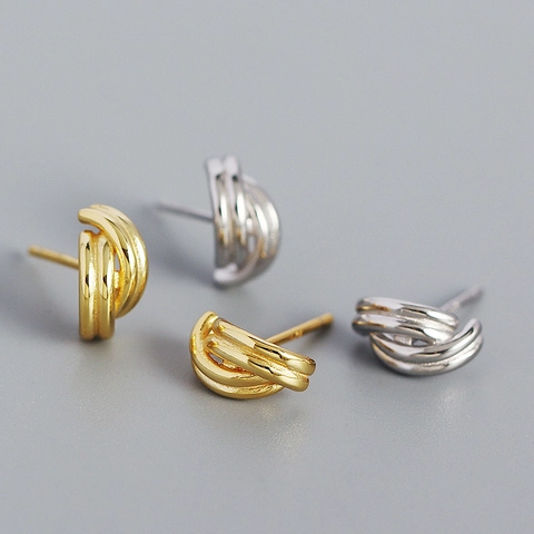 Orecchini a Bottone S925 Argento Sterling Geometrici a Più Strati Intrecciati Gioielli Minimalisti Galvanizzati Platino Oro per Donna