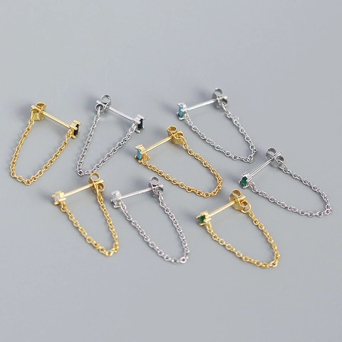 Trendy 925 Sterling Silver Rhinestone Tassel Chain Stud Earrings For Women Personalized Stackable Geometric Piercing Jewelry