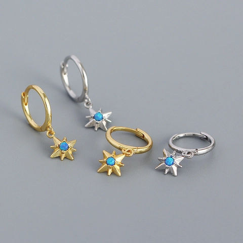 Orecchini a Cerchio in Argento Sterling 925 Stella a Otto Punte Con Ciondolo in Opale Artificiale Blu Oro Argento Donna
