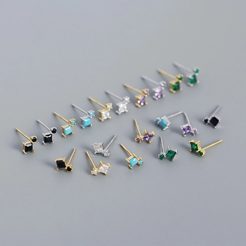 925 Sterling Silver Geometric Square Zirconia Stud Earrings For Women Minimalist Gold Silver Plated Fashion Accessories