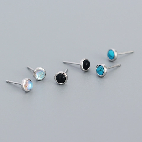 Orecchini a Lobo Rotondi in Argento Sterling 925 da Donna Minimalisti Geometrici con Intarsio di Pietra di Luna Agata Nera Turcheσε Gioielli