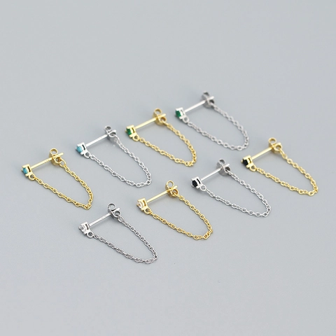 Orecchini a Bottone con Catena a Nappa in Argento Sterling S925 Vintage Strass Geometrici Orecchini a Pendente Gioielli Donna