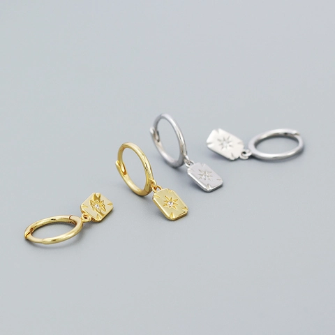 Pendientes de Aro con Etiqueta Rectangular de Estrella de Ocho Puntas de Plata de Ley 925 Pendientes Geométricos Minimalistas de Estrás Regalo Mujer