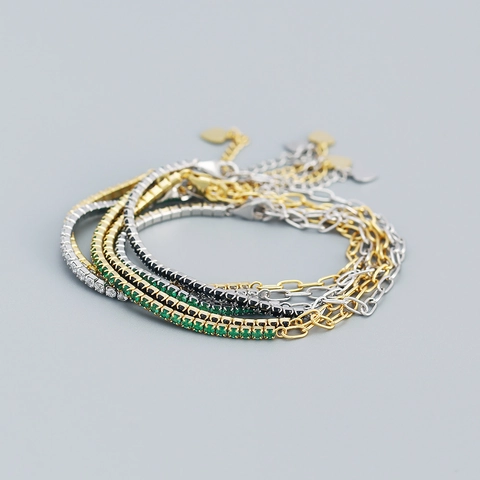 S925 Sterling Silver Patchwork Bracelet For Women Zirconia Tennis Chain Paperclip Link Bracelet With Heart Charm Adjustable Jewelry