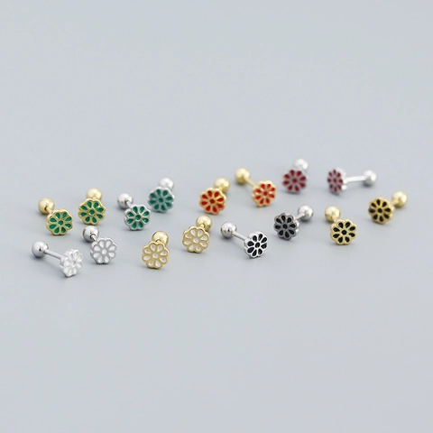 925 Sterling Silver Flower Stud Earrings Enamel Drip Oil Small Floral Screw Back Jewelry For Women Girls Daily Accessory