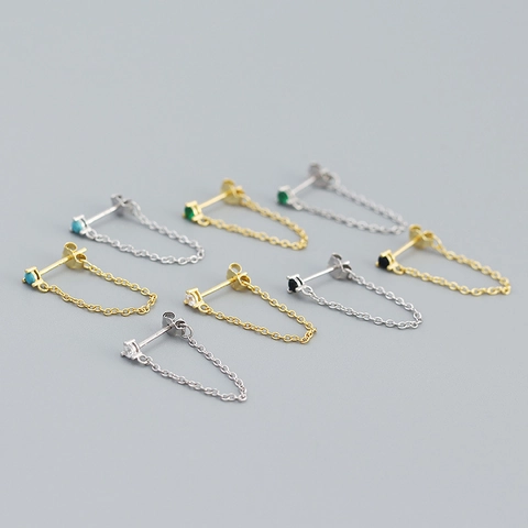 Orecchini a Bottone con Catena a Nappa in Argento Sterling S925 Vintage Strass Geometrici Orecchini a Pendente Gioielli Donna