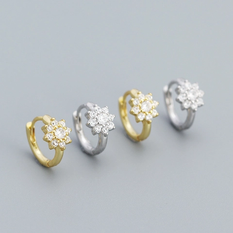 Orecchini a Cerchio in Argento Sterling 925 a Forma di Fiore Piccoli Huggie con Strass Design Floreale Dolce da Donna