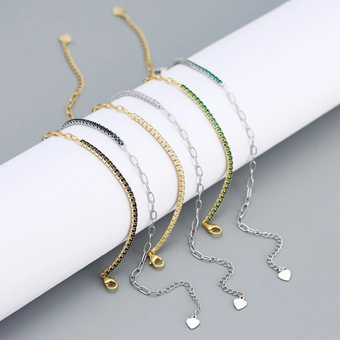 Bracciale Patchwork in Argento Sterling S925 da Donna Catena Tennis in Zirconia Maglia a Graffetta Con Ciondolo a Cuore Gioielli Regolabili