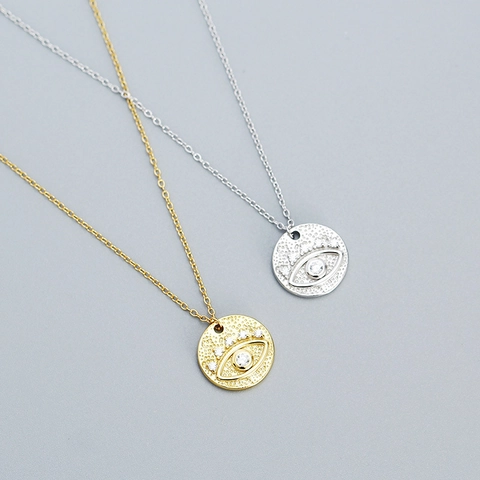 Collana Con Pendente Malocchio in Argento Sterling 925 Per Donna Catena Clavicola a Disco Rotondo Martellato Retro Con Strass Gioielli Regalo