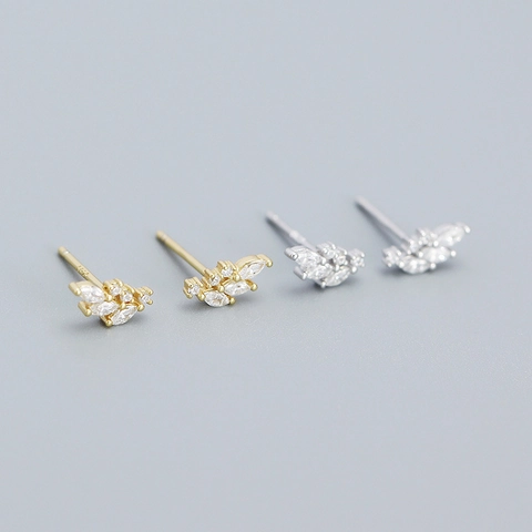Orecchini a Bottone in Argento Sterling 925 a Forma di Foglia per Donna Eleganti Orecchini con Strass Gioielli Botanici Oro Argento