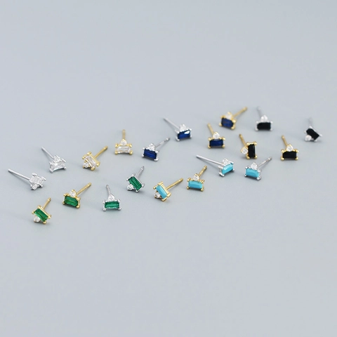 925 Sterling Silver Geometric Baguette Zirconia Stud Earrings For Women Minimalist Small Rectangular Zirconia Piercing Jewelry